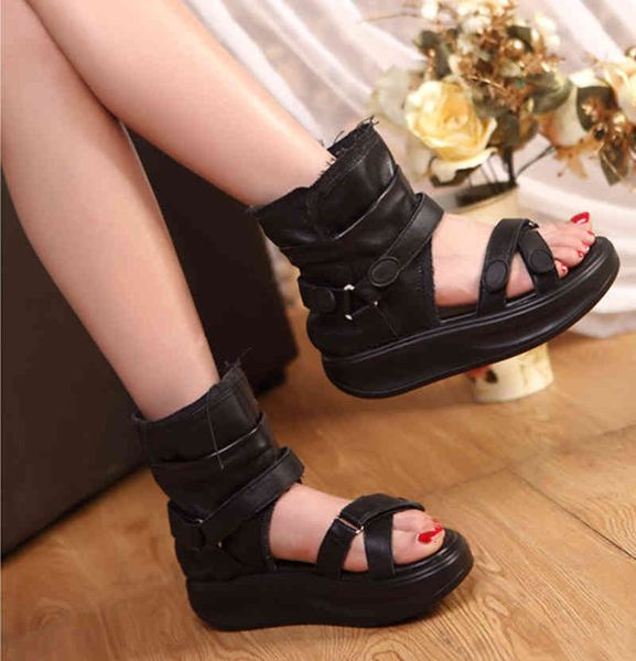 

sandals luxury designer fashion lady sandals thick leather cross toe muffins. rome sports and leisure show height pick to help sum, Black