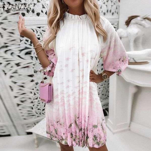 

casual dresses zanzea elegant bohemian printed pleated sundress women 3/4 puff sleeve dress ruffle floral vestidos holiday party kaftan, Black;gray