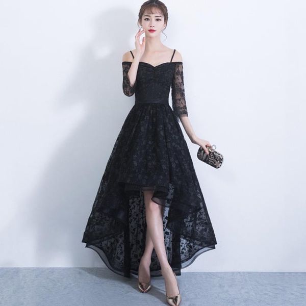 

party dresses prom black lace vestidos de festa longo high/low dress with 3/4 sleeves sweetheart gown, White;black