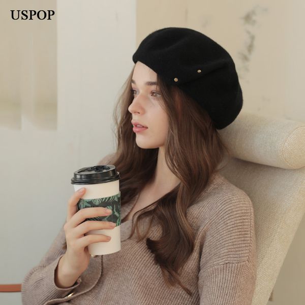 

2021 new winter hats women 100% berets solid color thick warm wool hat pwcg, Blue;gray