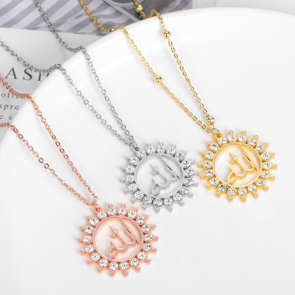

chains hollow arabic islam pendant necklace stainless steel crystal paved muslim mens bling iced out hiphop jewelry men/women, Silver