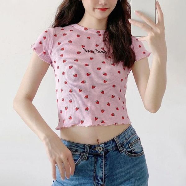 

women's t-shirt women strawberry print waffle sweet short sleeve with lettuce trimming, White