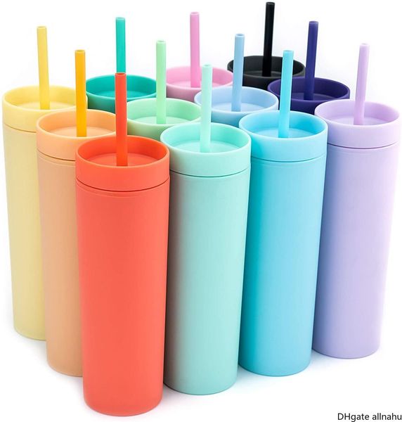 

16oz acrylic tumblers with lid straws plastic tumbler double wall milk coffee cups matte candy colors slim cup for travel fy4409