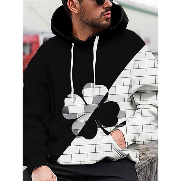 

four leaf clover pattern men s 3d printing hoodie visual impact party punk goth round neck american sweater hoodie, Black