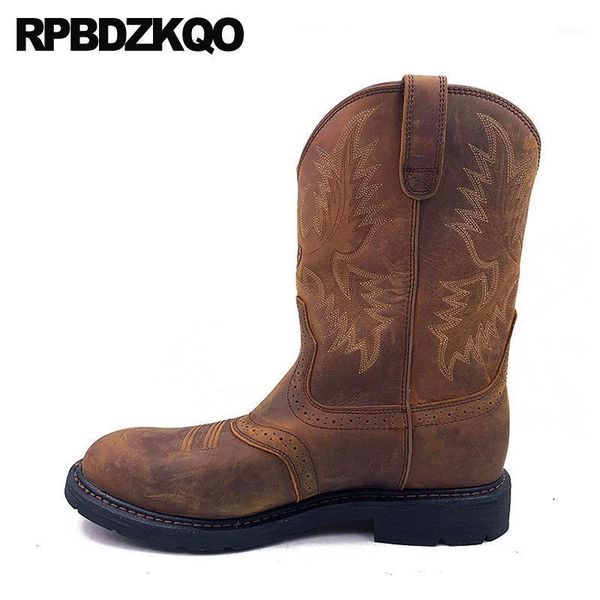 

boots steel toe cowgirl western brogue cowboy mens genuine leather runway plus size shoes full grain brown mid calf pattern tall11, Black
