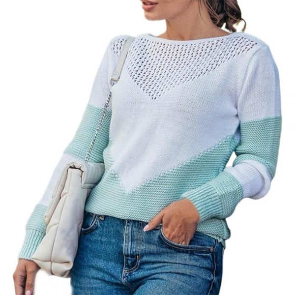 

women's sweaters casual women sweater contrast color patchwork autumn winter hollow out plain weave knitted pullover for daily wear, White;black