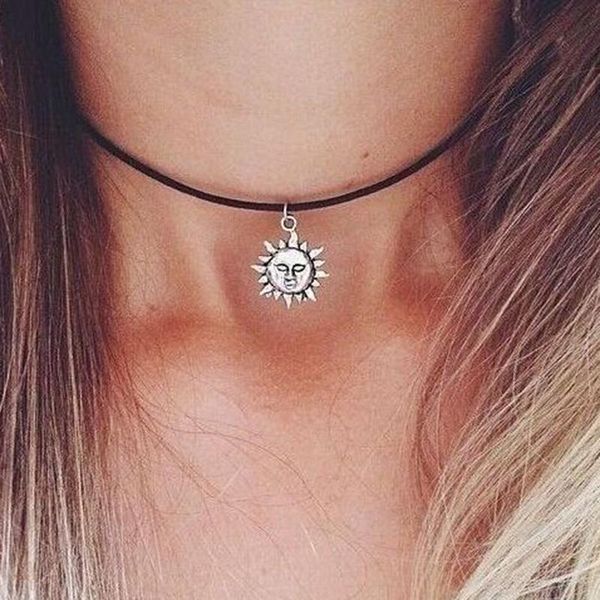 

pendant necklaces vintage fashion sun flower for women goth statement rope chain choker jewelry wholesale items, Silver