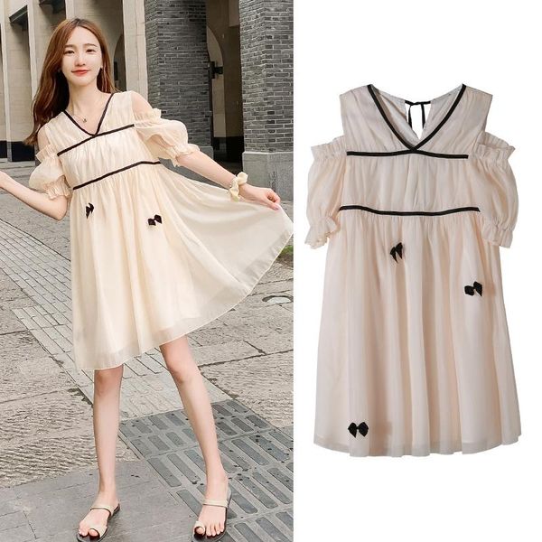 

maternity dresses 7737# dress summer short sleeves sweet v neck easy matching loose stylish pregnant women mom, White