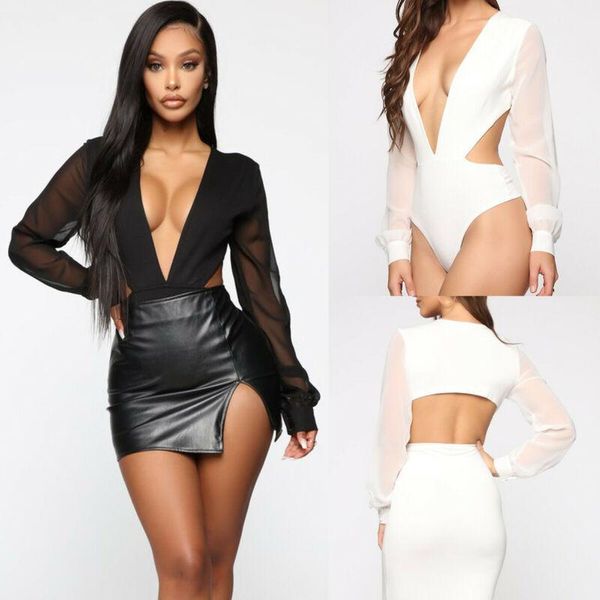 

women's jumpsuits & rompers fashion women sheer deep v-neck hollow romper backless jumpsuit mesh sleeve slim bodysuits streetwear, Black;white