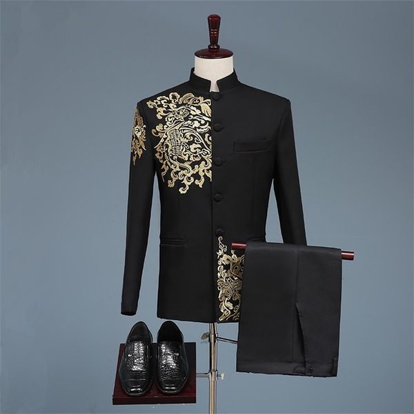 Schwarz Weiß Herrenanzüge Chinesischen Stil Gold Stickerei Blazer Prom Host Bühne Outfit Männliche Sänger Teams Chor Hochzeit DS Kostüm 211120