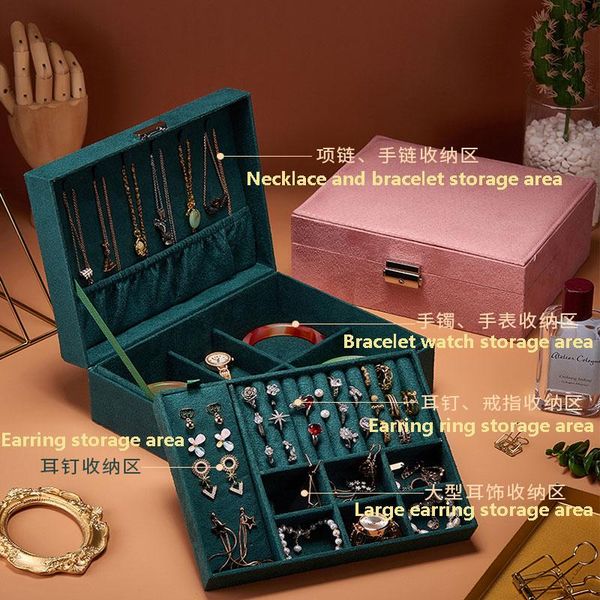 

2021 new trendy double-layer velvet jewelry box european jewelry storage box large space holder gift, Pink;blue