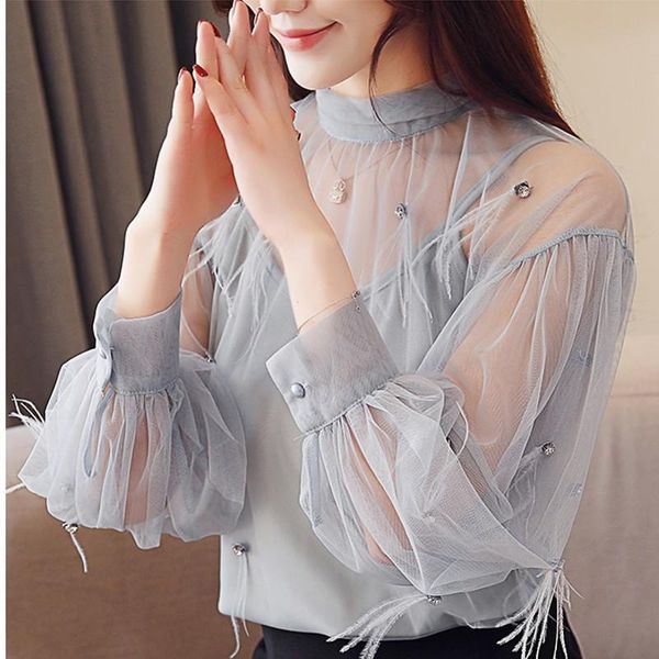 

women's blouses & shirts 2021 women perspective grey blouse chiffon shirt transparent long sleeve turn down collar fashion, White