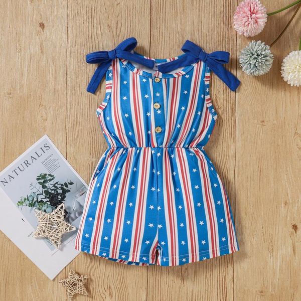 

jumpsuits little girls independence day jumpsuit summer toddlers stripe star printing sleeveless bow decoration siamese trousers 2021, Blue