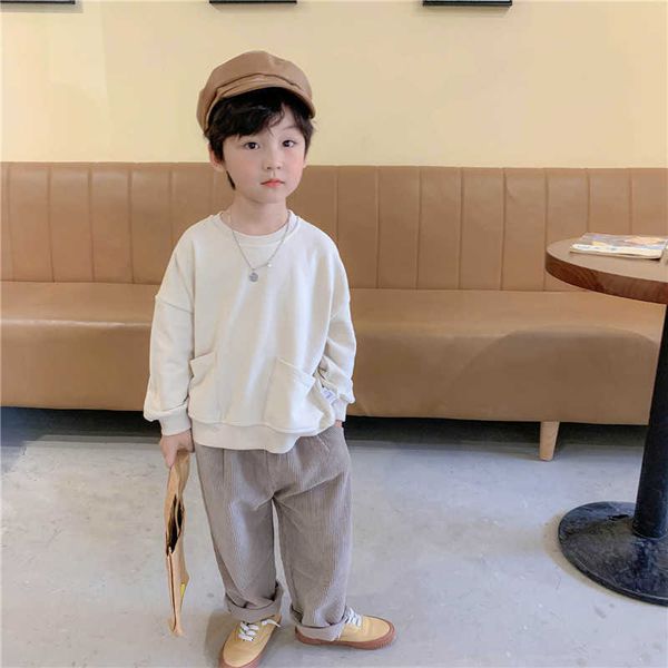 

boys fashion solid color two pockets sweatshirts kids korean soft casual pullover children long sleeve o-neck clothes 210615, Black