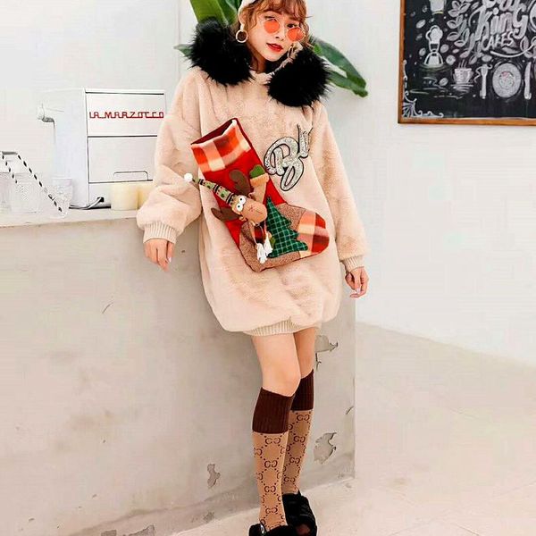 

women's hoodies & sweatshirts female high street cartoon patchwork design chic fur collar long casual hooded thick warm pullovers jumpe, Black