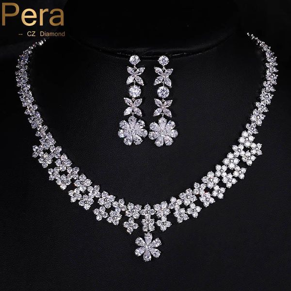 

earrings & necklace pera fashion austrian crystal wedding jewelry snow flower shape large statement cz stone necklaces sets for bridal j068, Silver