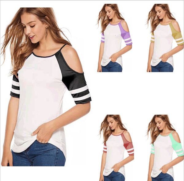 

fashion exy hollow playing shoulder contrasting color casual women summer new style short mouw ladies t-shirt, White
