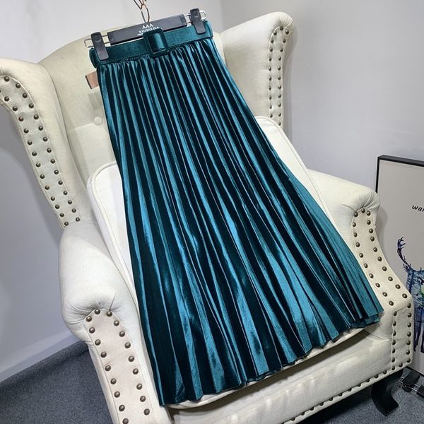 

2021 new autumn winter womens gold veet pleated with belt pearl shiny midi long high waist casual a- line skirt lady 3qdh, Black