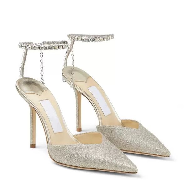 Eleganti marchi Saeda Abito Sandali da sposa Scarpe Décolleté in tessuto glitterato con abbellimento di cristalli Décolleté a punta Décolleté da donna Tacchi alti EU35-43