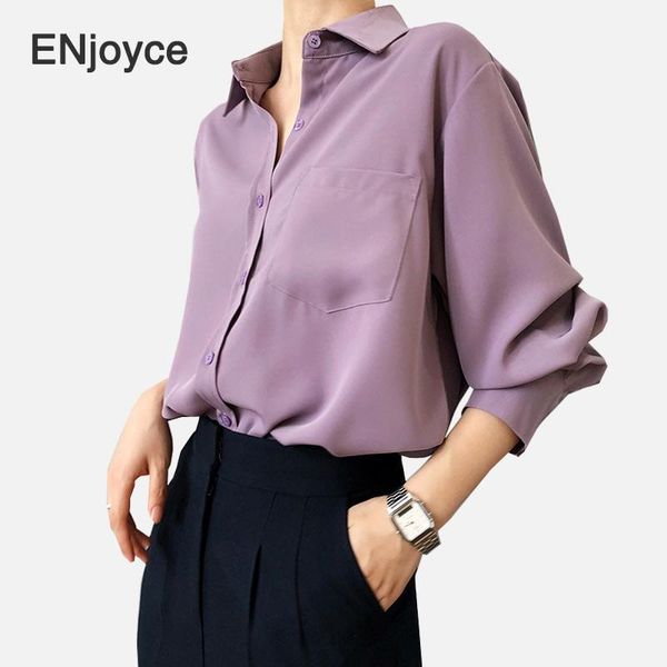 

women's blouses & shirts autumn arrival women long sleeve purple shirt turn-down collar button office lady basic chic chiffon blouse fe, White