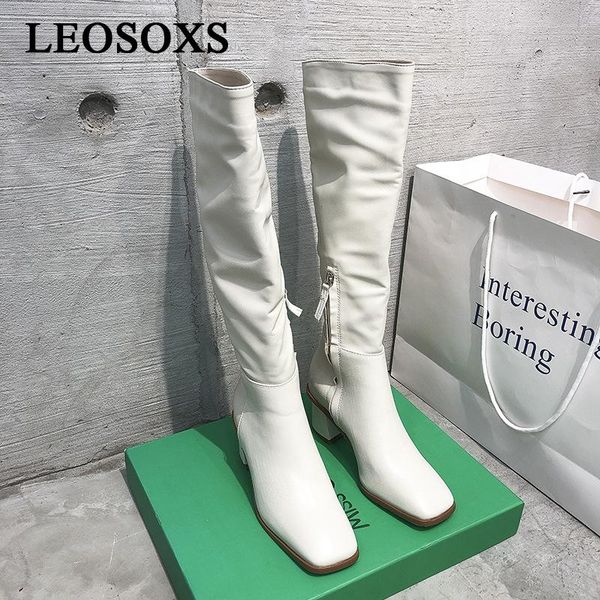 

boots 2021 women ladies knee high shoes woman white female square heels girls brand motorcycle soft round toe, Black