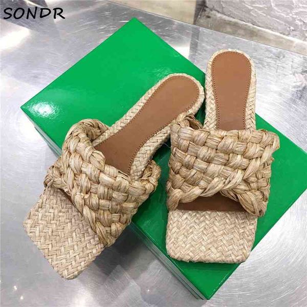 

75% off factory outlet sale 2021 fashion knit grass square toe womens slippers designer slip on mules flat with flip flop summer beach casua, Black