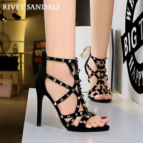 

dress shoes rivet sandals fashion stiletto super high heel suede metal hollow roman women open toe, Black