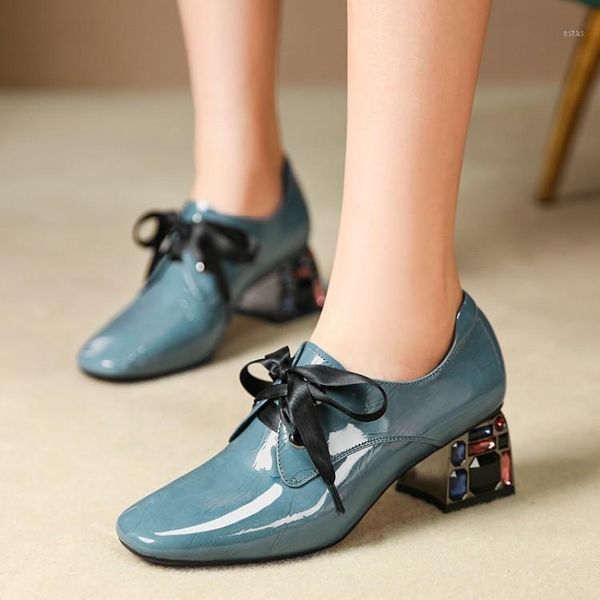 

fashion women patent leather crystal high heels party wedding shoes woman thick shallow pumps plus size for dress1, Black