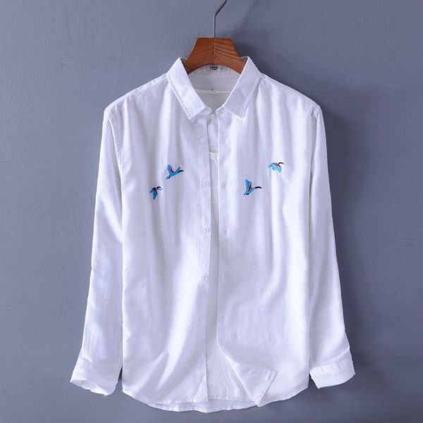 

2021 new arrival long sleeve white shirts men brand embroidery casual mens square collar shirt male camisa chemise wykj, White;black