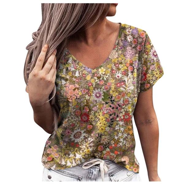 

women's blouses & shirts casual floral print short sleeve v-neck shirt blouse loose top, White
