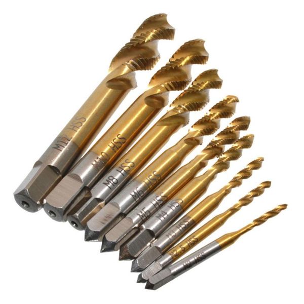 

hand tools 9pcs spiral taps tapping thread drill bits fluted machine screw tap kit