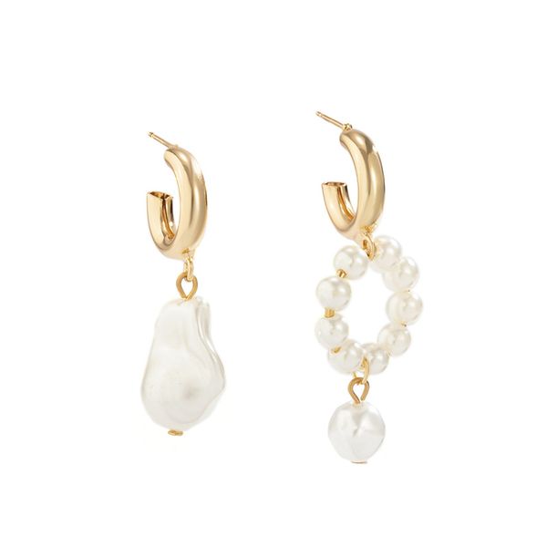 

yamog asymmetrical c-shaped circle stud earrings women baroque imitation pearl ear drop european national wind copper business party wear ea, Golden;silver