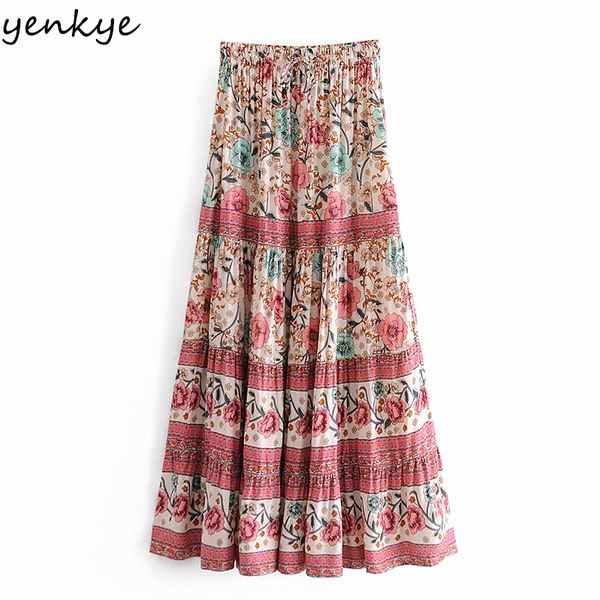 

2021 new vintage floral print long maxi women elastic high waist pleated casual jupe femme holiday summer boho skirt 21n4, Black