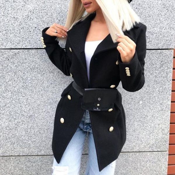 

women's wool & blends autumn winter office commute long sleeve outwear elegant double-breasted lady jacket women fashion lapel overcoat, Black