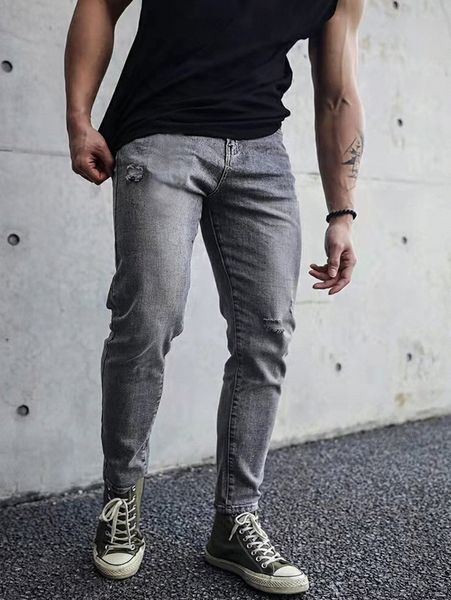 

men bleach wash ripped frayed tapered jeans h6bn#, Blue