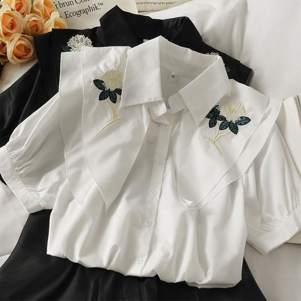 

women's blouses & shirts women fashion outdoor casual embroidery flower short sleeves blouse ladies ol sweet girls student elegant dail, White