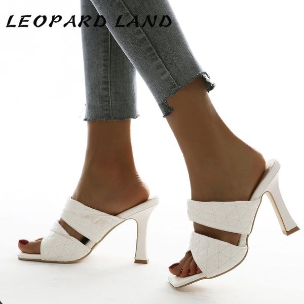 

leopard land summer fashion word drag heeled women's shoes fish mouth grid line high heel slipper large square head sandals, Black