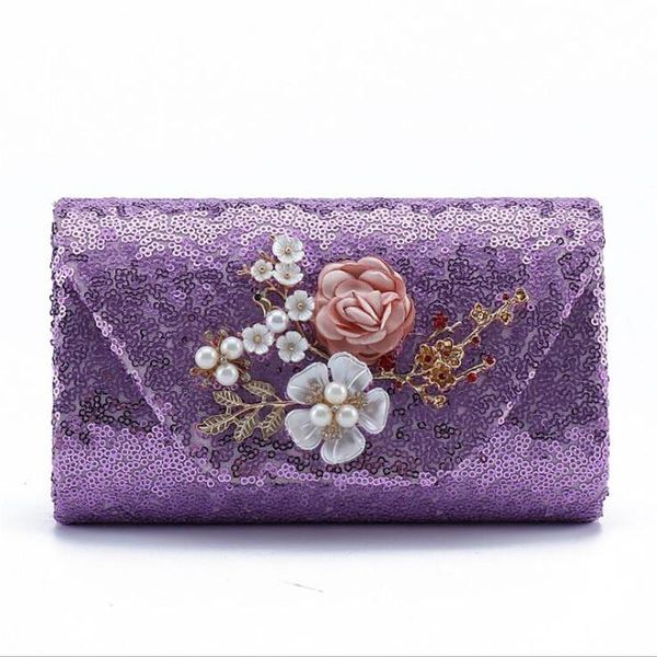 

evening bags 2021 purple sequin clutch bling flowers wedding with chain party mn1098