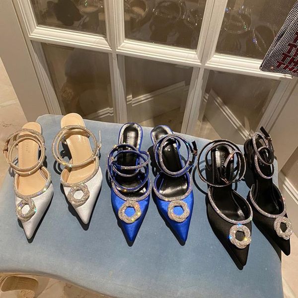 

sandals 2021 summer luxury women glitter crystal blue high heels female rhinestone closed toe silk wedding party shoes, Black