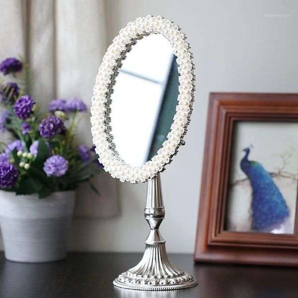 

european vintage silver metal deskmirror makeup compact dressing cosmetic with pearl decorative j008 mirrors1