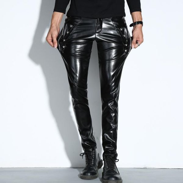 

men's leather pants casual slim trousers punk locomotive pu tights, Black