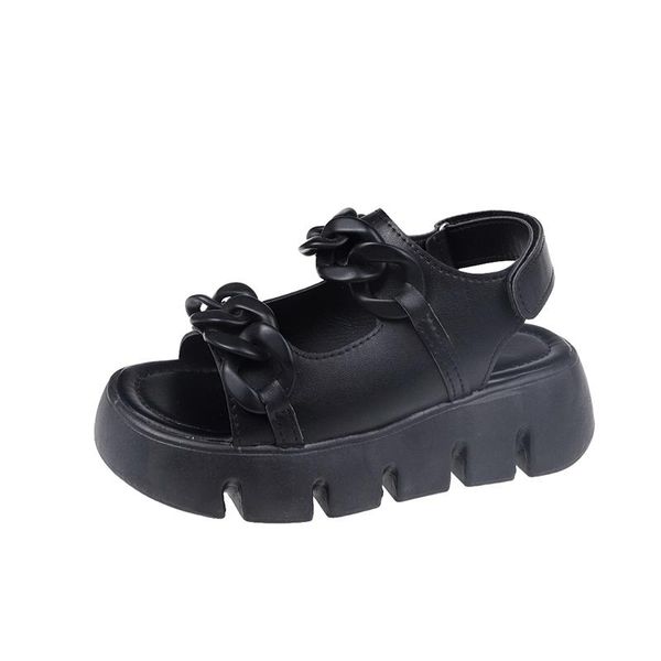 

sandals women 2021 summer chain solid color women's platform retro wedge roman zapatos de mujer, Black