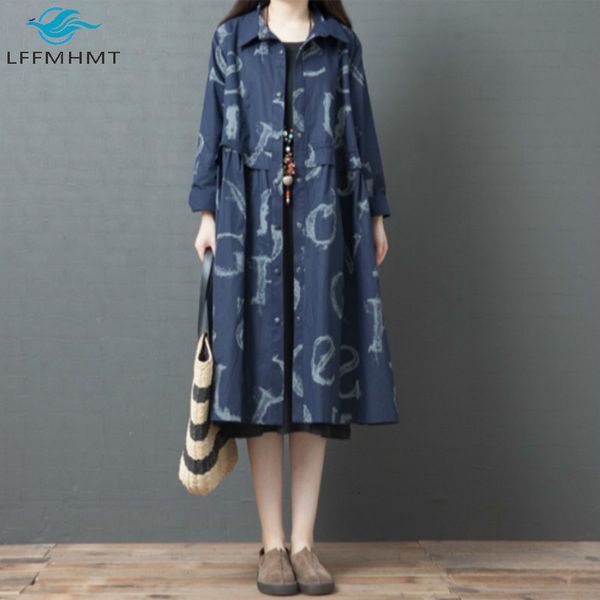 

2021 spring new fashion women long sleeve vintage print dress female japan style turn down collar large size casual cotton robe 59be, Black;gray