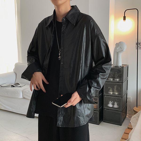 

spring and autumn shirt men's trend ruffian handsome motorcycle pu leather black loose leisure long sleeve lining clothes, Black;brown