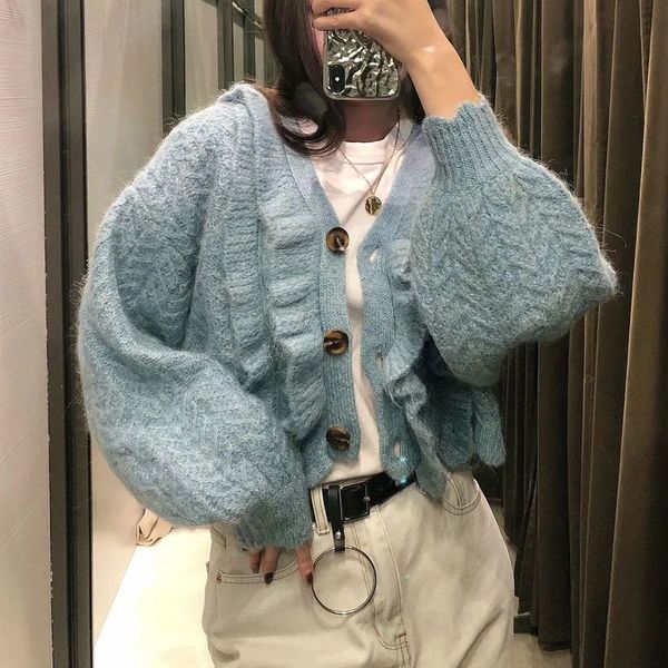 

2021 new women spring autumn lantern sleeve ruffles sweater elegant chic v neck single-breasted button cardigan knitting ast6, White;black