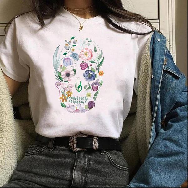 

women clothing clothes graphic kawaii floral watercolor skull face trend halloween tees female t shirt womens t shirt, White