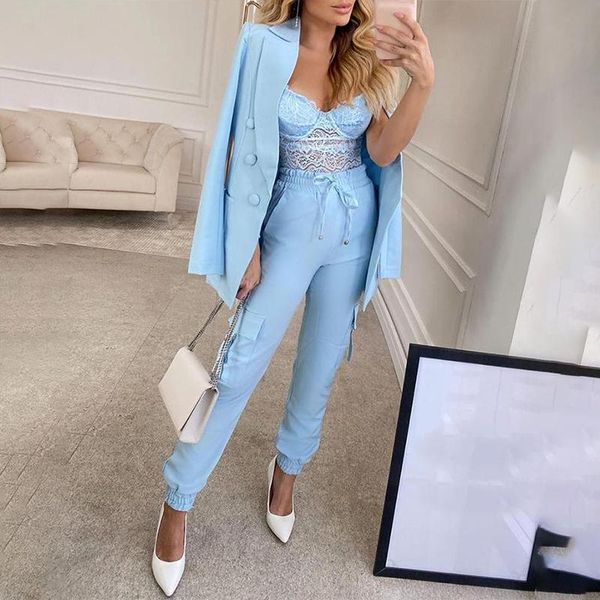 

women's two piece pants summer women casual work suit sets long sleeve plain button design blazer coat & pockets pencil set, White