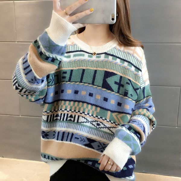 

2021 new korean style autumn spring sweaters for women knitted printing vintage pullovers ladies o neck long sleeve female jumpers u69v, White;black