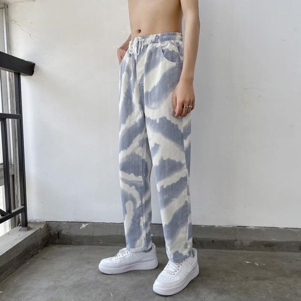 

men's jeans cotton drawstring slim fashion retro tie-dye men streetwear loose hip-hop straight denim trousers mens s-2xl, Blue