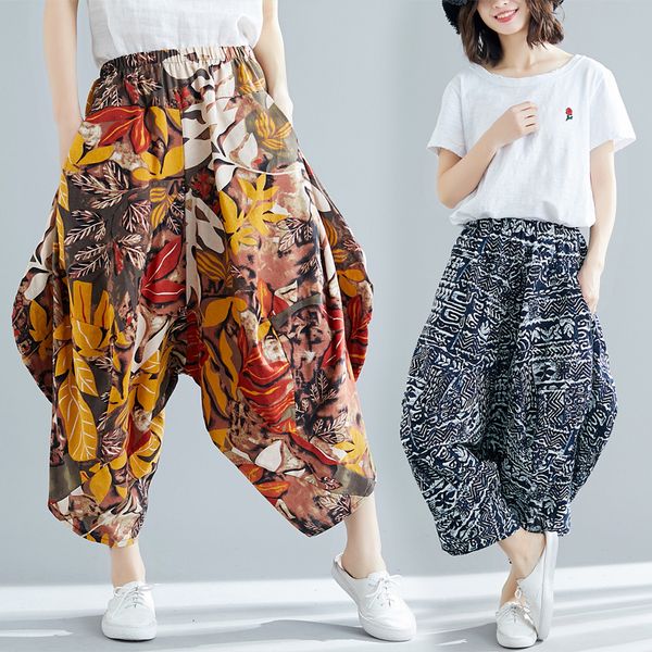 

2021 spring summer large size women's cotton and linen wide leg stretch seven retro art pants xvef, Black;white